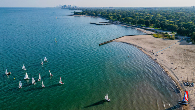 sandy beach and boats in the water at Evanston, Illinois