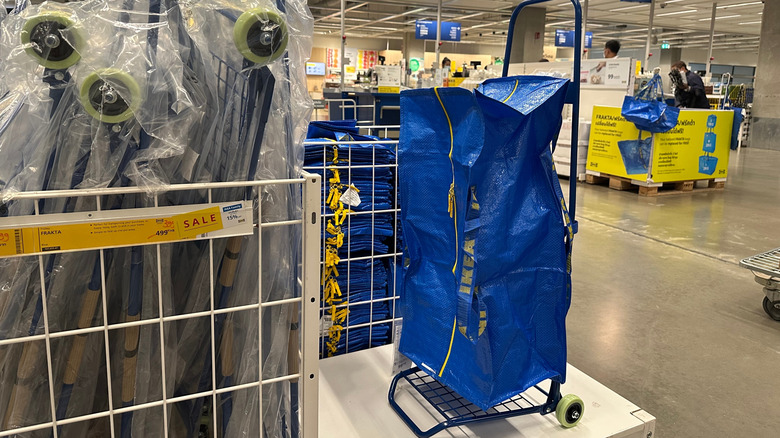 An Ikea bag on a cart