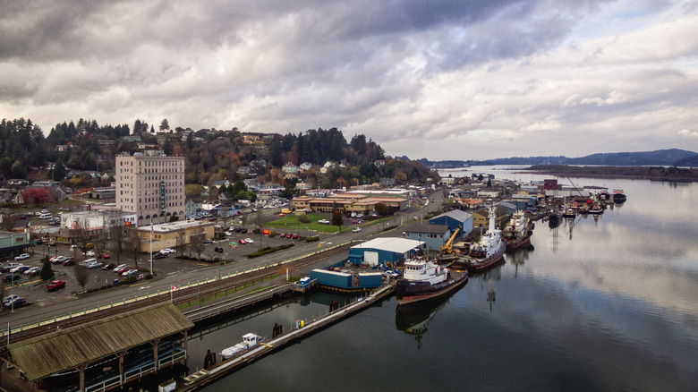 Aerial drone image of Coos Bay, OR