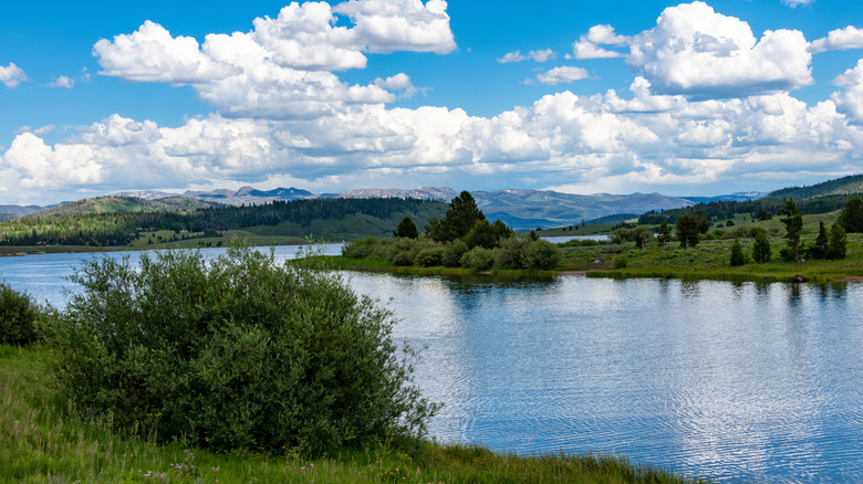 Mountains and forests surrounding Steamboat Lake, Colorado.