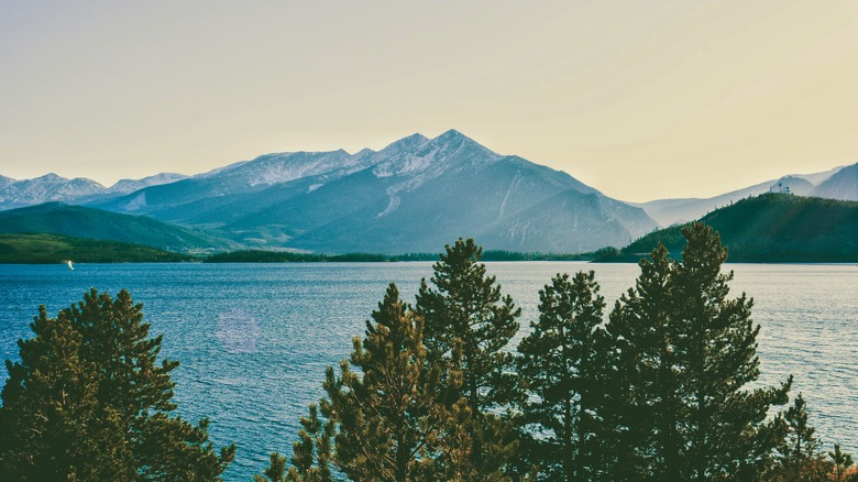 Dillon Reservoir backed by mountains near Silverthorne, CO