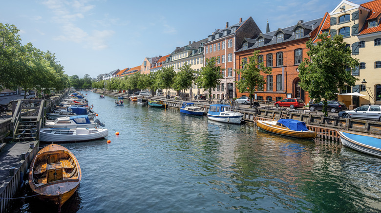 Boat-filled canal of Christianshavn, a historic neighborhood in Copenhagen