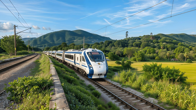 Indian train traveling through lush, green scenery