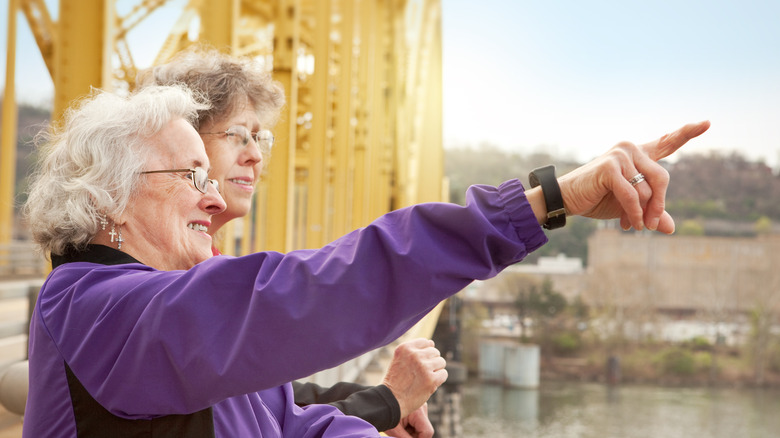 Two elderly women on a bridge in Pennslyvania