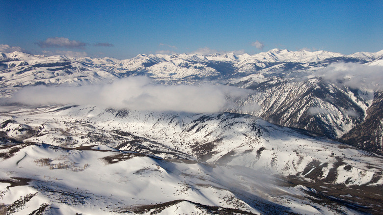Aerial landscape of the snow-covered Sweetwater Mountains in California