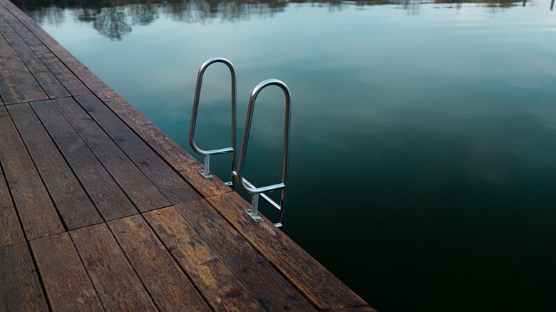 A ladder leads off the side of a deck into Zakrzowek Lake