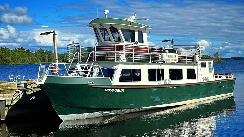 Houseboat floating on water in Voyageurs National Park.