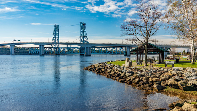 Bridges crossing the Kennebec River in downtown Bath, Maine