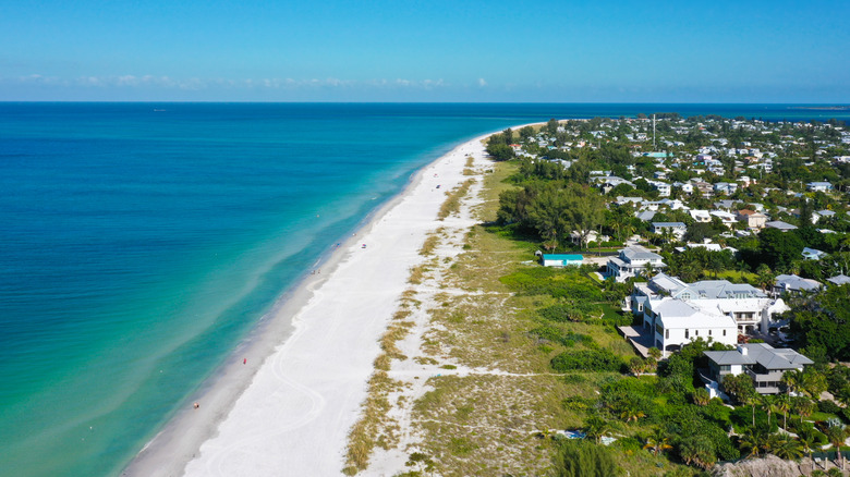 An aerial view of white sand beaches on Anna Maria Island, Florida