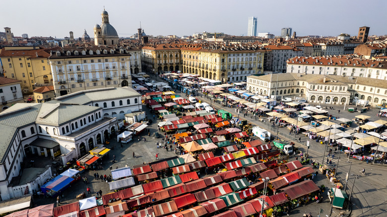 An aerial photo of the Porta Palazzo outdoor market in Turin, Italy