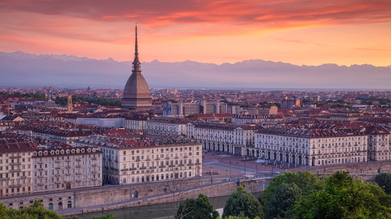 An aerial view of Turin at sunset