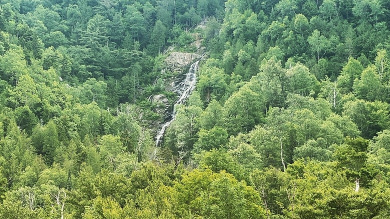 A distant view of Cascade Falls and surrounding mountainside