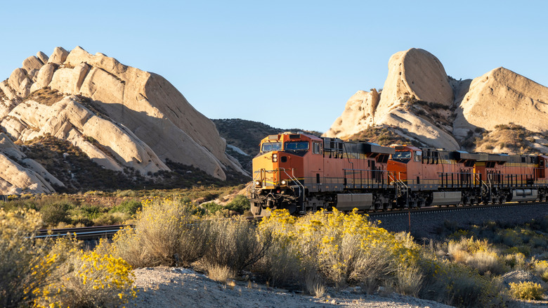 Train riding past Mormon Rocks Victor Valley
