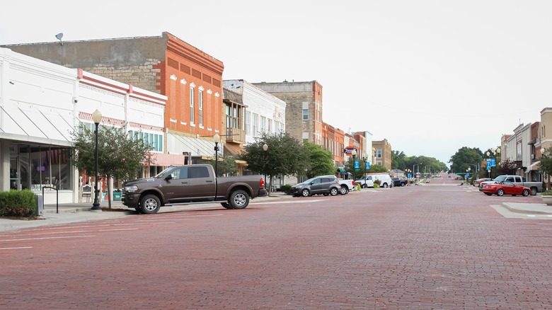 The main brick-lined street in Augusta Kansas in the morning