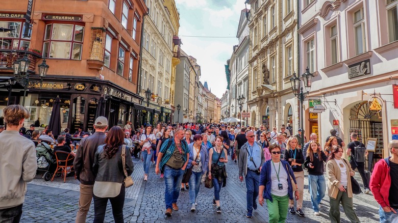 Crowds of tourists in the center of Prague