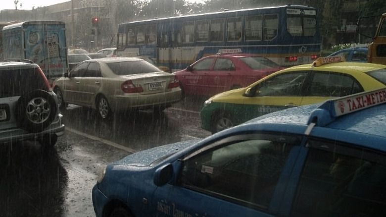 Bangkok traffic during heavy rain.