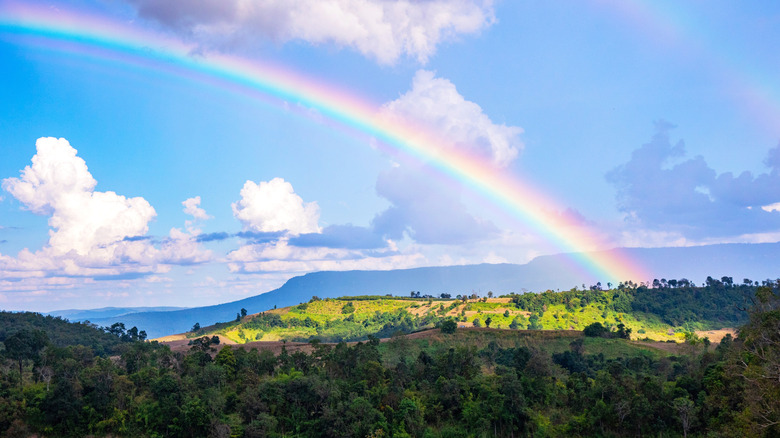 A rainbow in the sky in the countryside during Thailand's rainy season.
