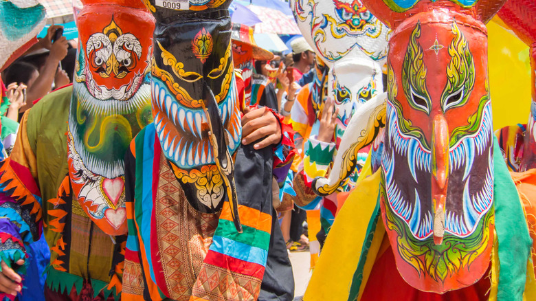 Colorful ghost masks at the Phi Ta Khon Ghost Festival