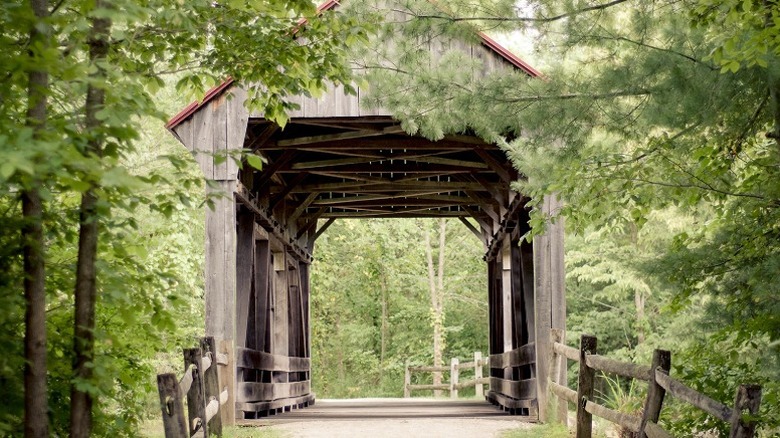 A wooden covered bridge in the forest on a hiking trail in Slate Run Metro Park.