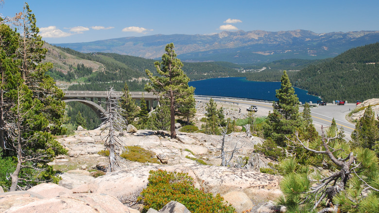 A bridge crosses a gorge near pine trees and a mountain lake