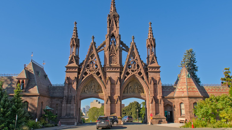 The Gothic arched entryway to Green-Wood Cemetery, Brooklyn