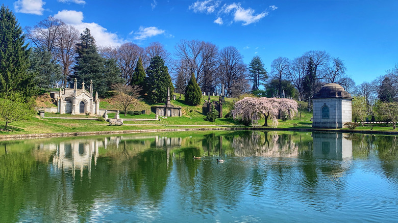 Tombs around a pond in Green-Wood Cemetery in New York City
