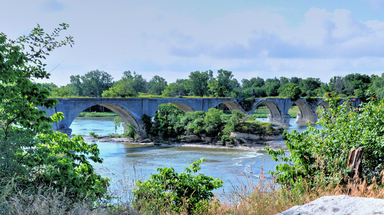 Islands under an arched bridge on the Maumee River