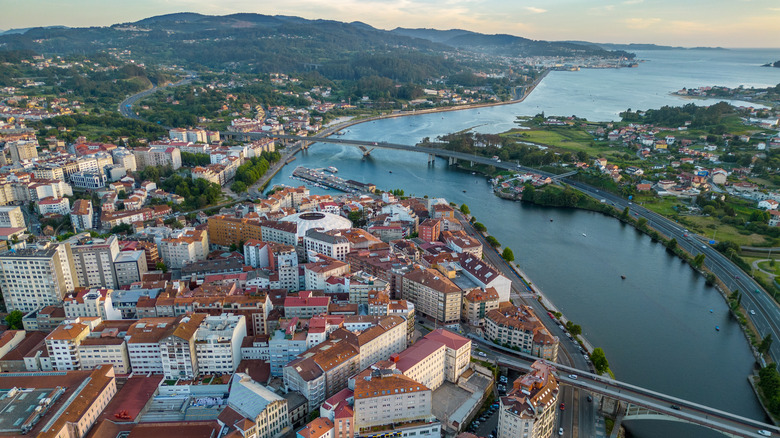 An aerial view of Pontevedra, Spain at sunset