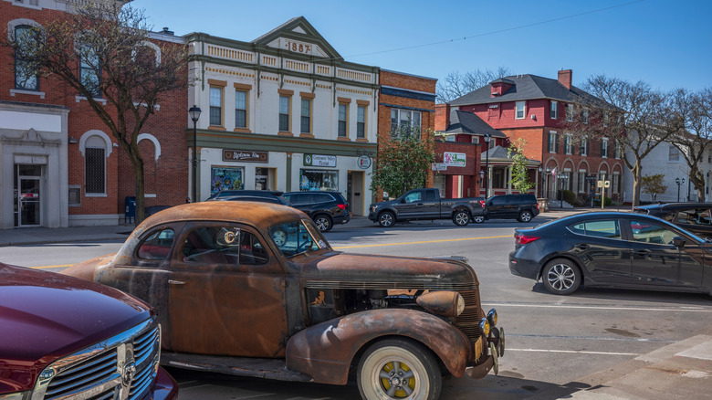 Antique car parked on Main Street in Geneseo, New York