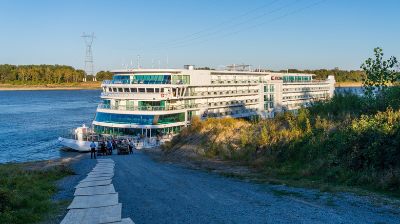 A river cruise ship docked outside Greenville