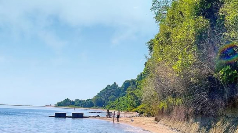Two people standing on Matoaka Beach on a clear day