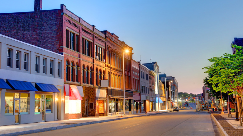 A city street in Waterville, Maine at sunset