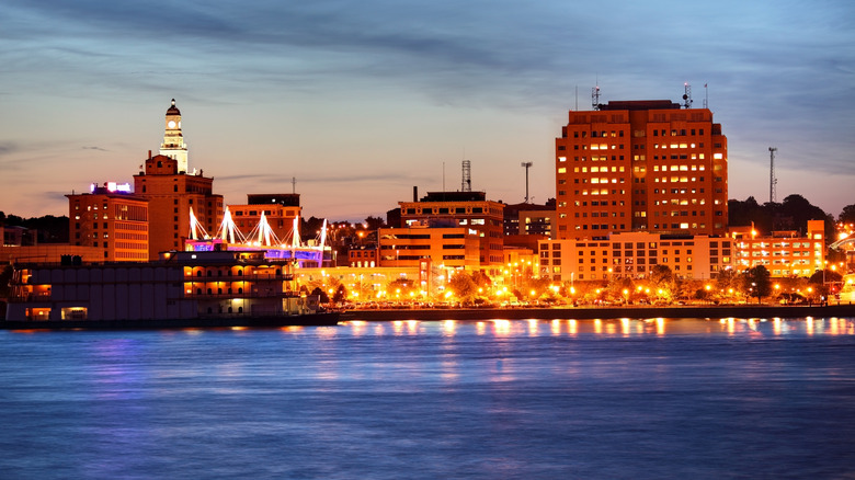 Lights on the water in Davenport, Iowa at night