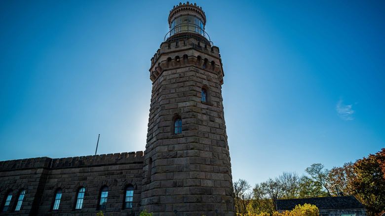 View of one of the towers of Twin Lights Historic Site in Highlands, New Jersey.