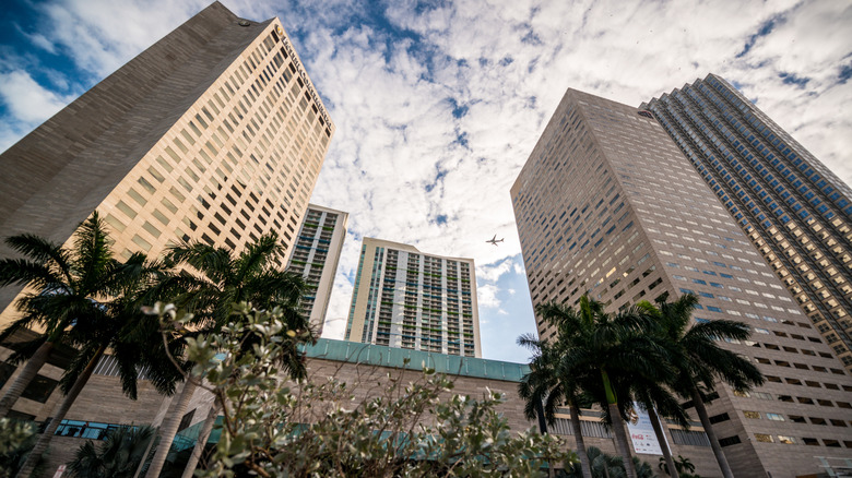 Ground-level view of the Hotel InterContinental, facing upwards