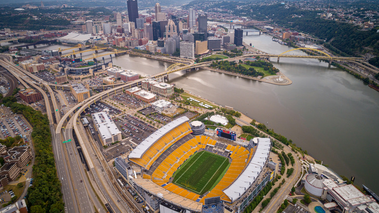 Aerial view of Pittsburgh, with Heinz Field, PNC Park, and the downtown skyline around the confluence