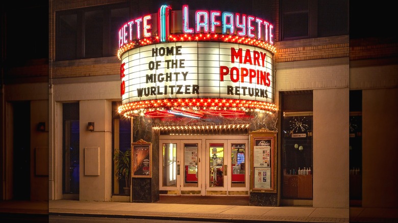 Lit up Lafayette movie palace exterior