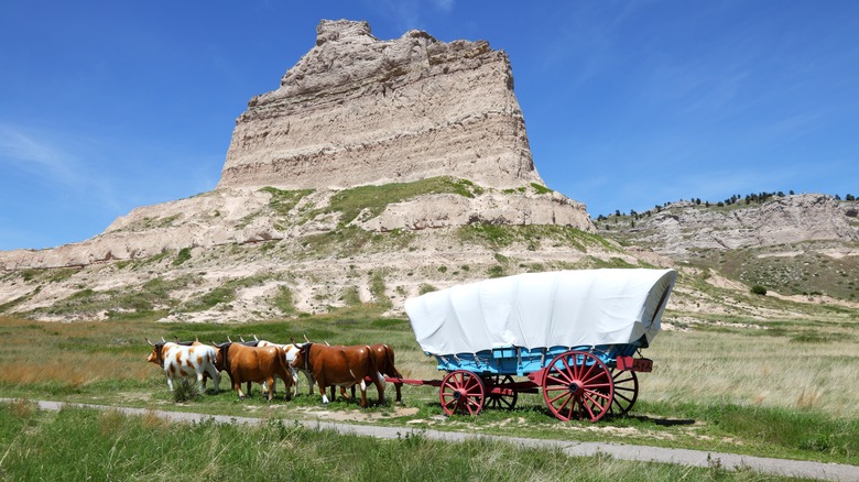 A replica covered wagon near a bluff