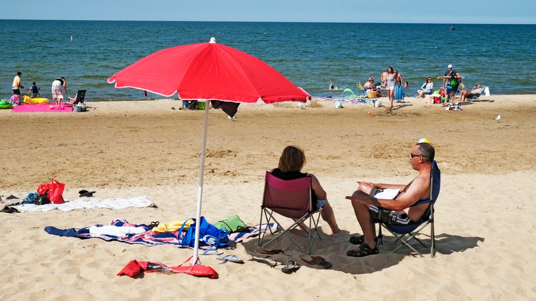 Beach-goers find some shade in Caseville, Michigan