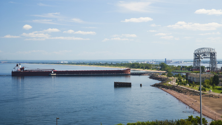 Laker ship leaving the Duluth shipping canal on a summer day.