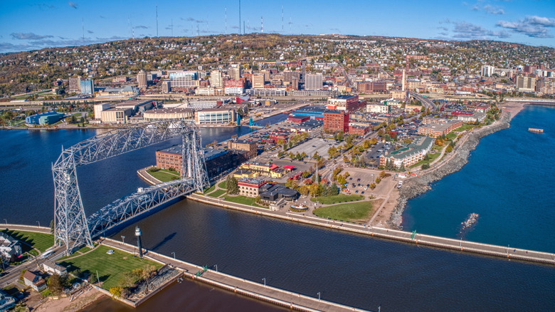 Aerial view of bridge and port city of Duluth, Minnesota.