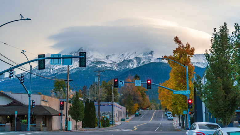 View of downtown Mount Shasta City with the snow-covered mountain in the background