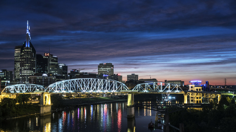 Nighttime view of John Seigenthaler Pedestrian Bridge in Nashville