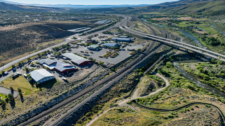 Aerial view of Verdi, Nevada surrounded by mountains.