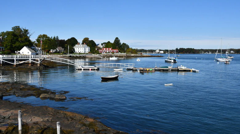 Boats float in a harbor with houses in the background