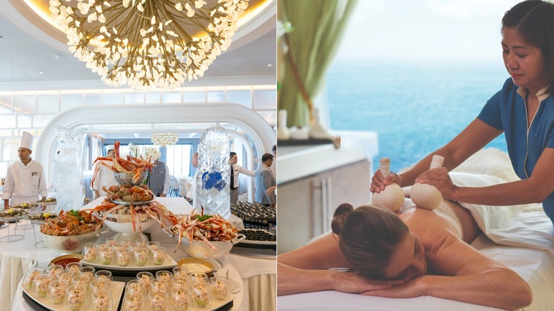 Brunch on the Oceania Allura and woman getting an herbal poultice massage at the spa on Oceania Allura