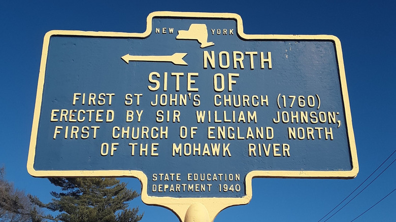Historical marker about founder William Johnson in Johnstown, New York