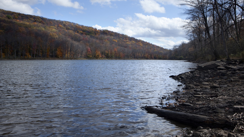 A beautiful lake in Roscoe with orange and green trees and a blue, cloudy sky