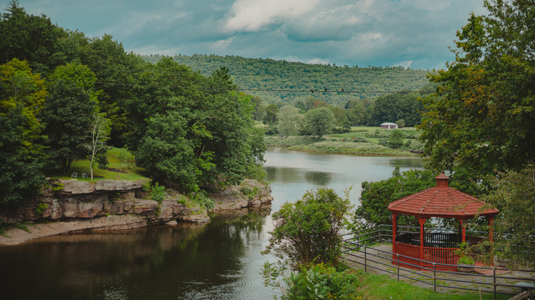 Green trees and grass surrounding a lake and a red gazebo