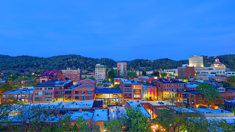 Aerial landscape of the downtown area of Asheville, North Carolina, at night